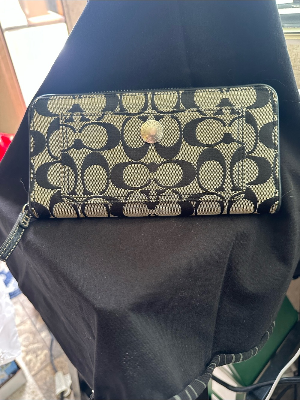 Coach Signature accordian style Wallet Black grey used no rips notears few marks